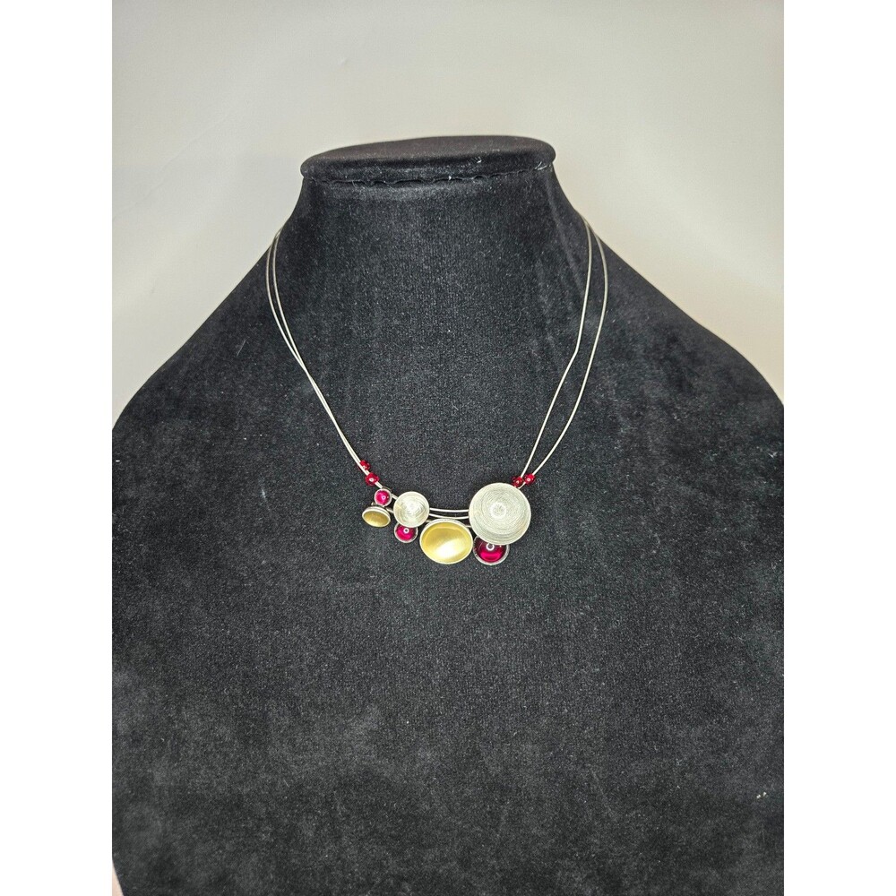 Poly Silver Tone Necklace Magnetic Closure Red Rhinestones Gold Tone Circular